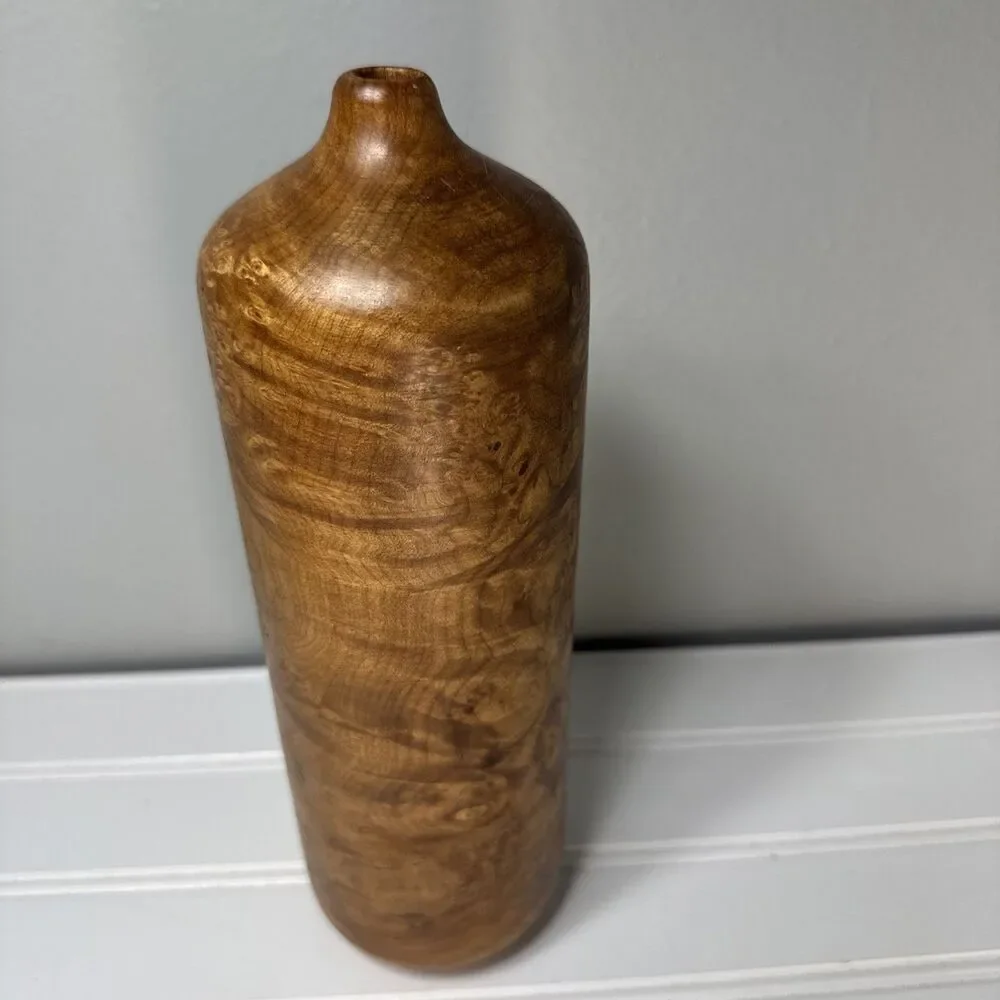Vintage Hand Turned Maple Wood Weed Pot Bud Vase 10.25” Figured Burl Signed GRF